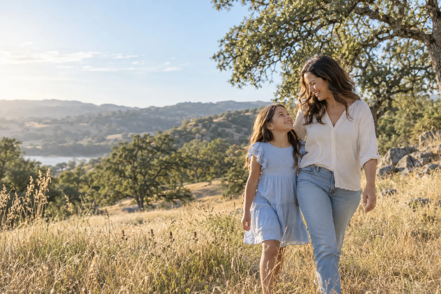Illustrative image of a mother and daughter sharing a joyful walk in a sunlit meadow.