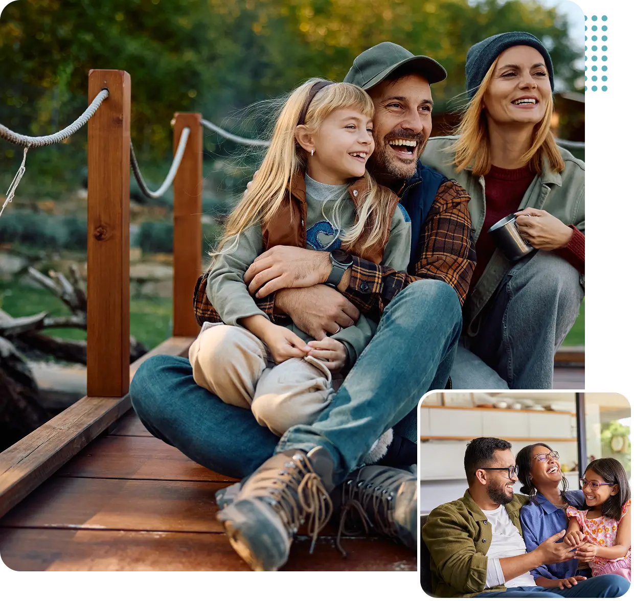A family sitting on the ground with two adults and one child.